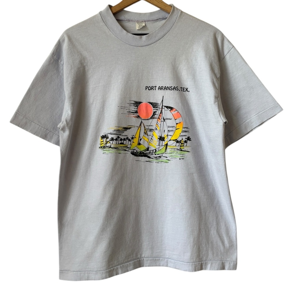 Vintage 80s 90s Port Aransas, Texas T-Shirt Sailboat Graphic Size XL Light Blue